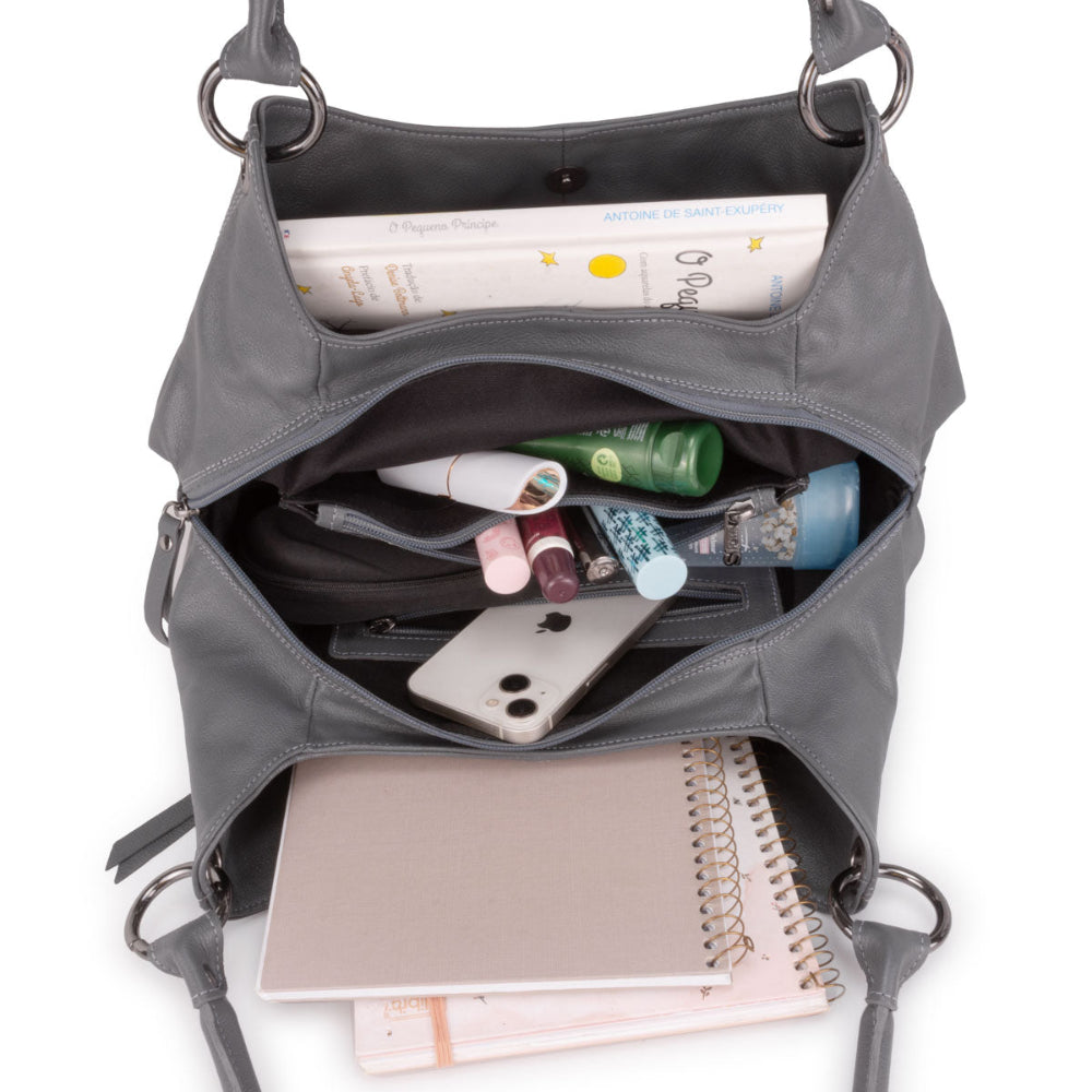 Bolsa Saco Com Divisórias Couro Grafite Charlotte