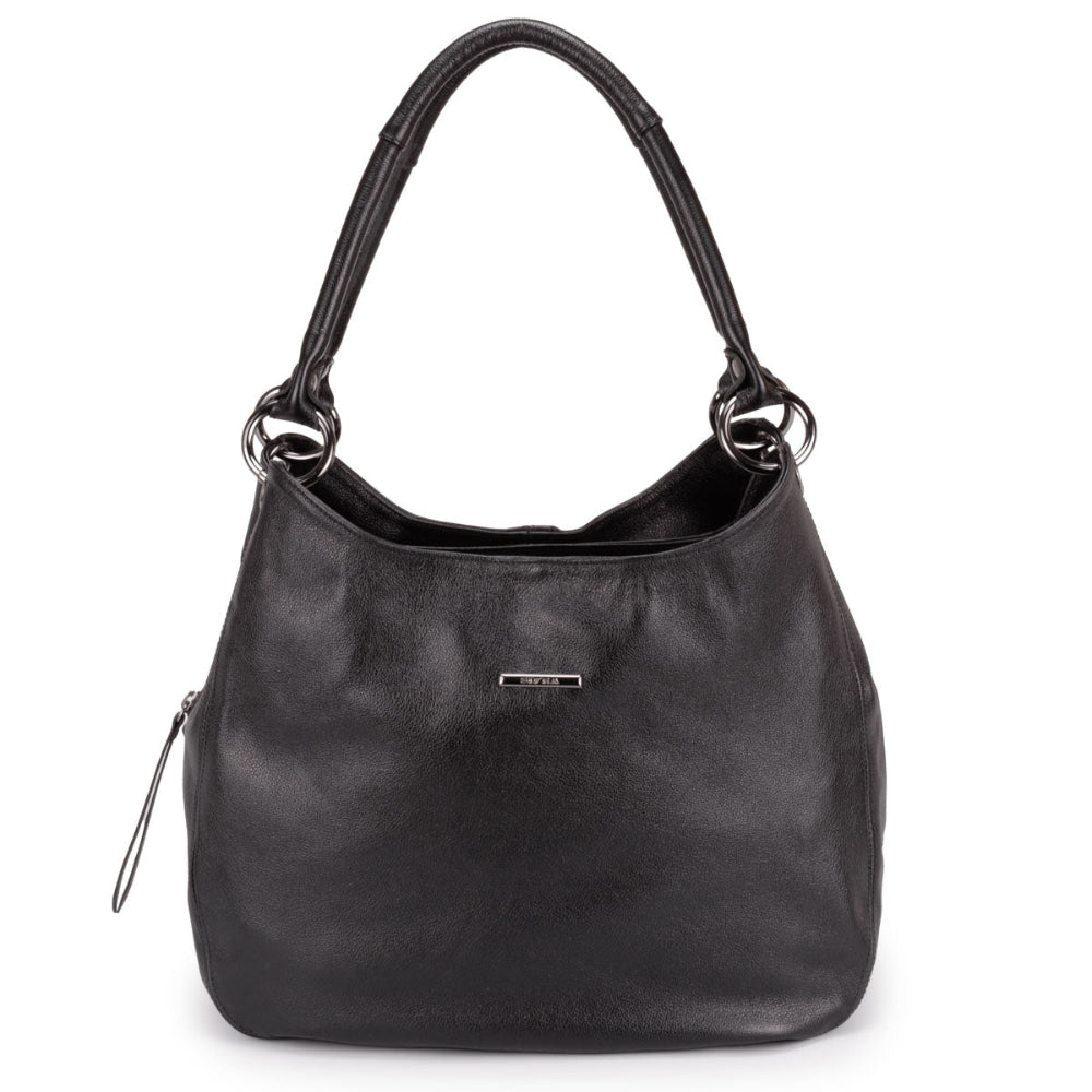 Bolsa Saco Com Divisórias Couro Preta Ônix Charlotte