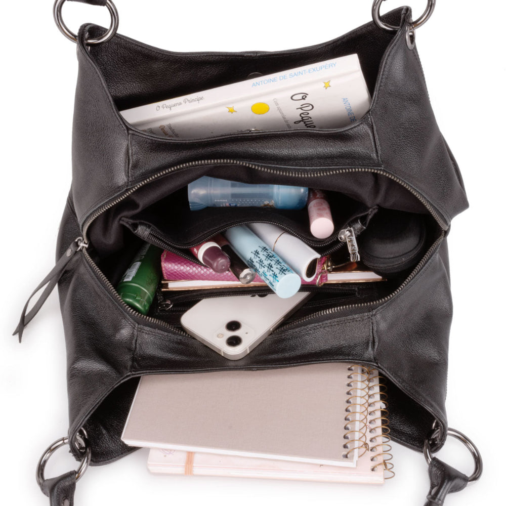 Bolsa Saco Com Divisórias Couro Preta Ônix Charlotte