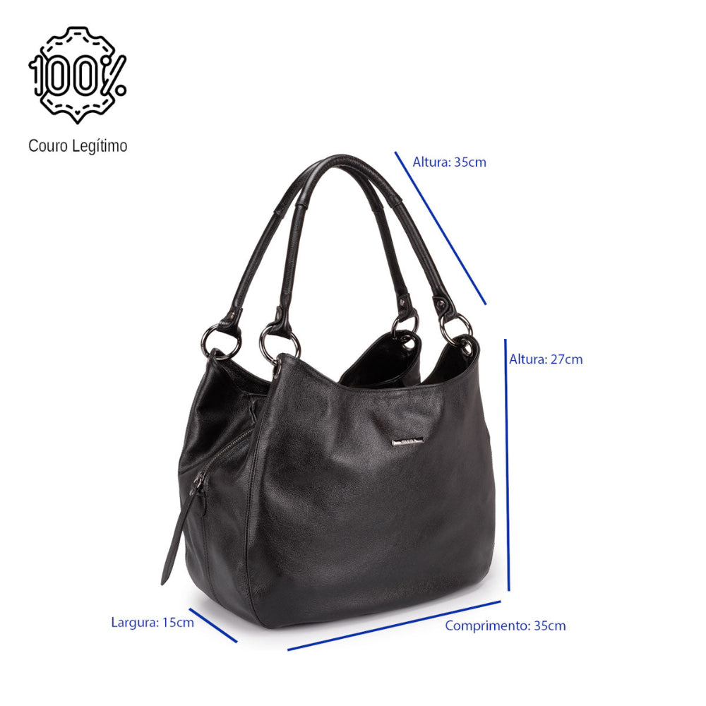 Bolsa Saco Com Divisórias Couro Preta Ônix Charlotte