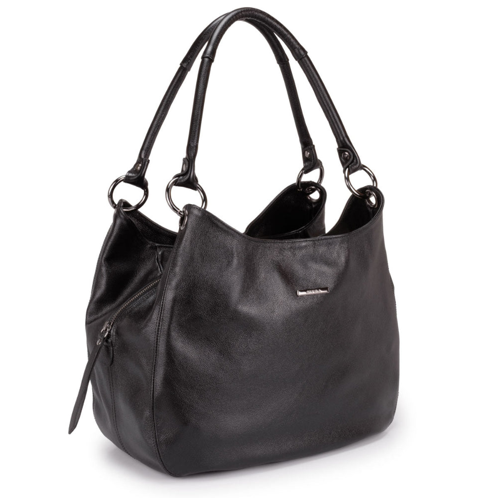 Bolsa Saco Com Divisórias Couro Preta Ônix Charlotte