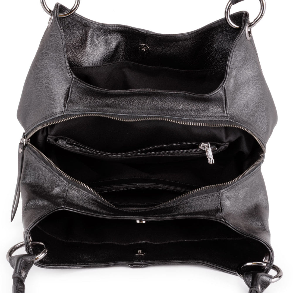 Bolsa Saco Com Divisórias Couro Preta Ônix Charlotte