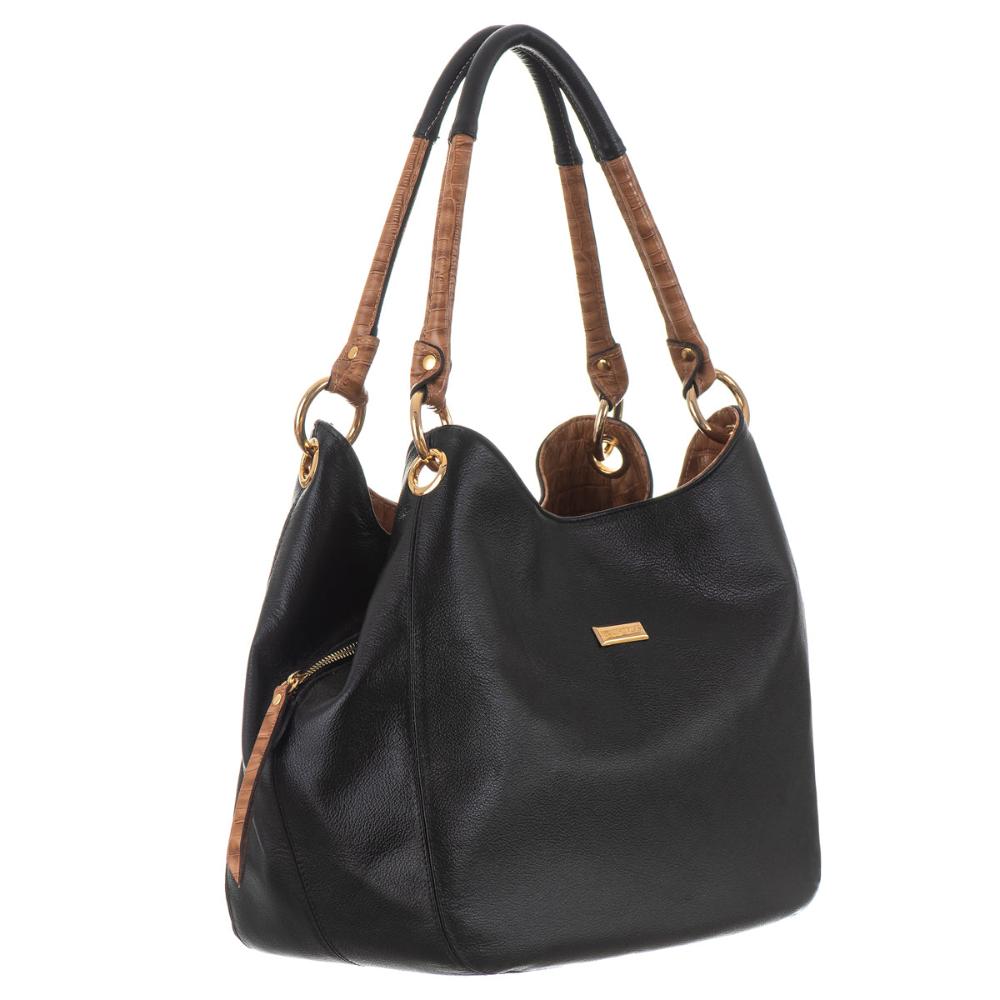 Bolsa Saco Com Divisórias Couro Preto Charlotte