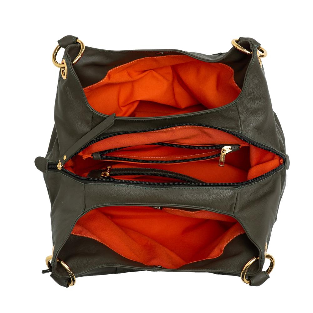 Bolsa Saco Com Divisórias Couro Verde Militar Charlotte