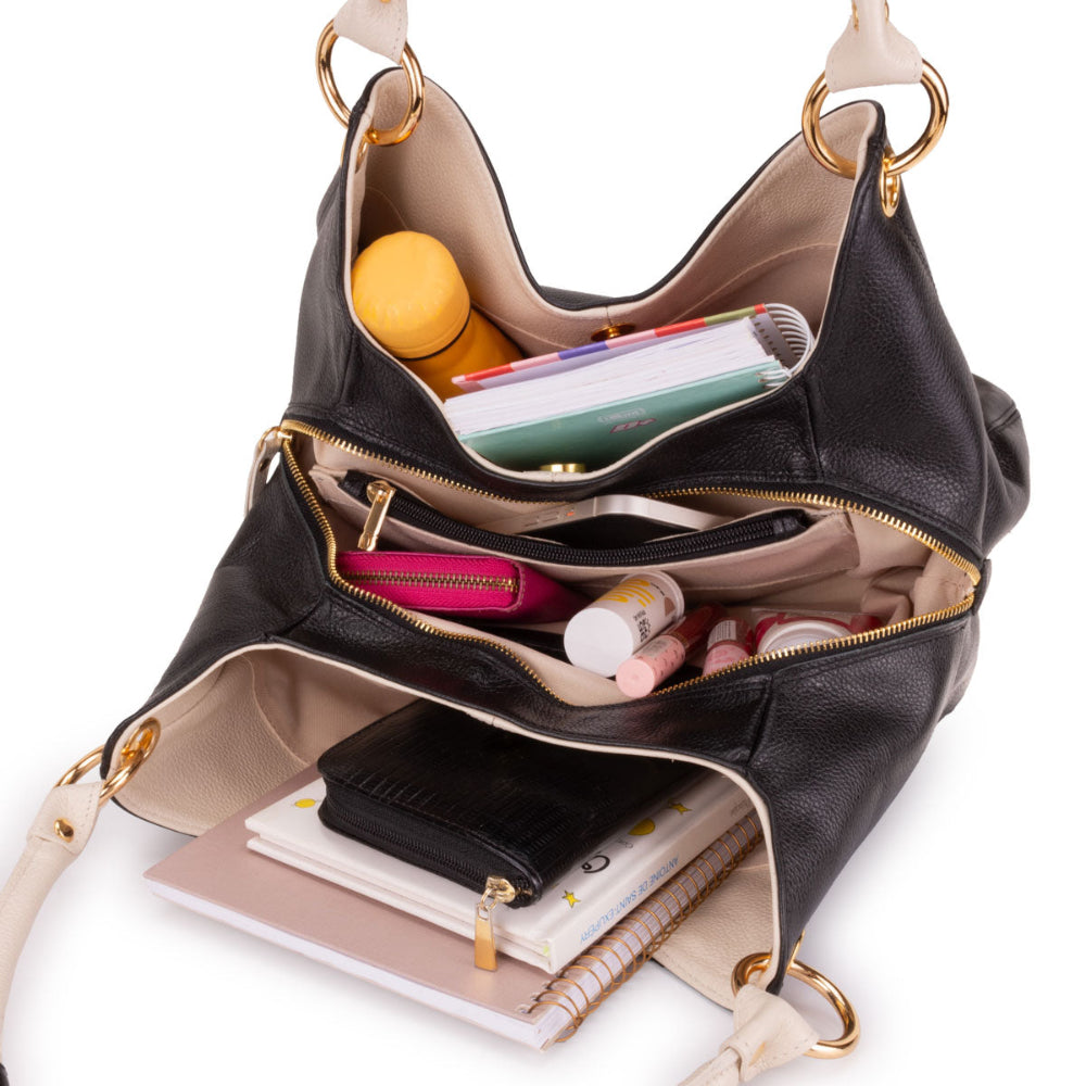Bolsa Saco Divisórias Couro Preto Charlotte