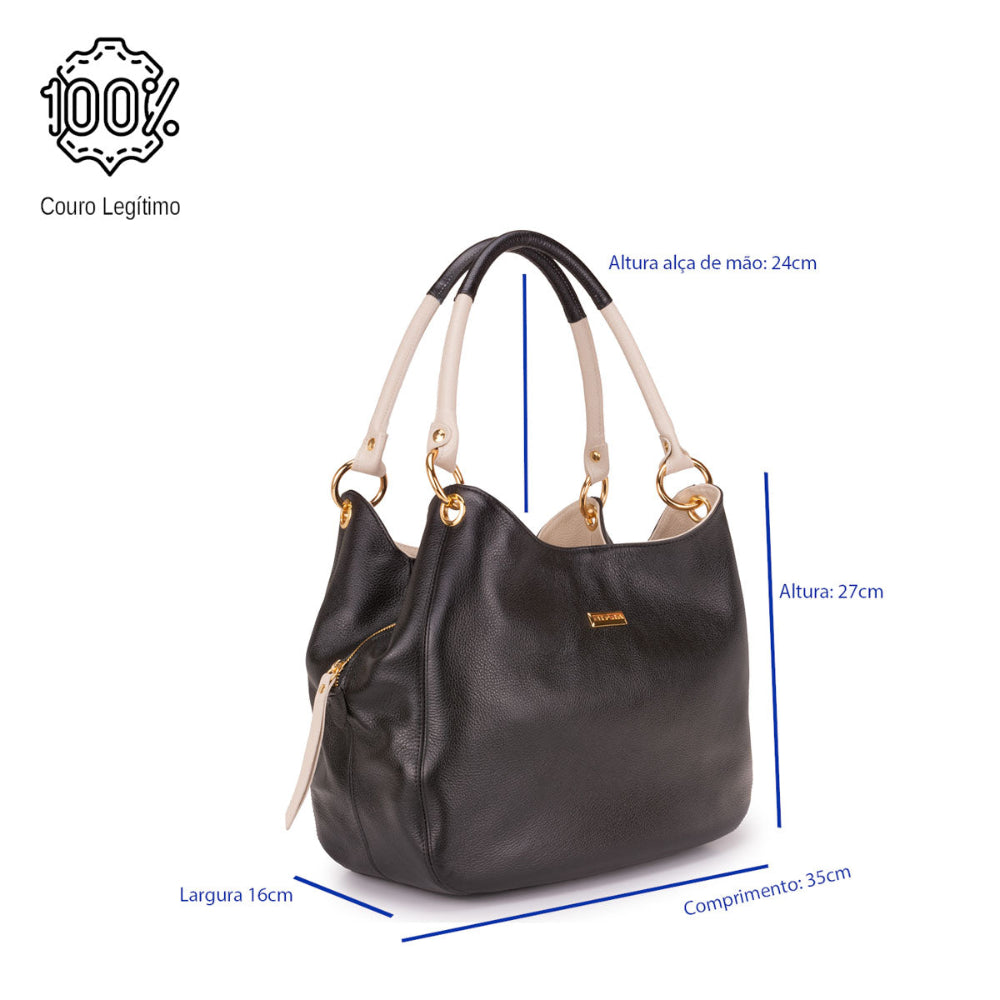 Bolsa Saco Divisórias Couro Preto Charlotte