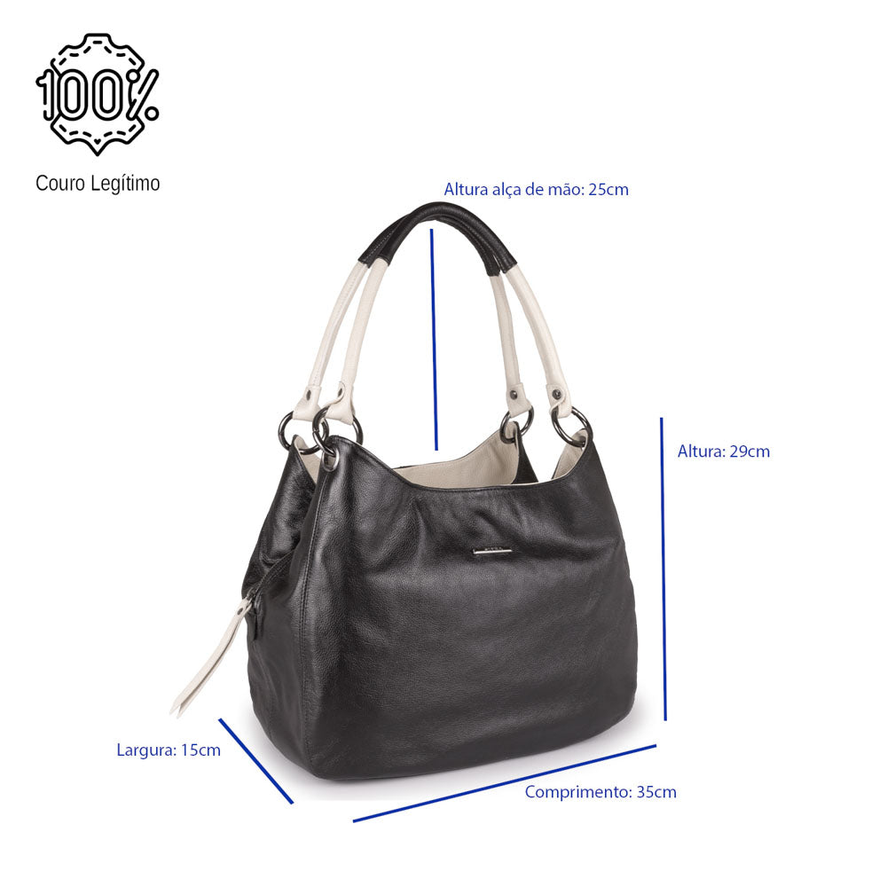 Bolsa Saco Divisórias Couro Preto Ônix Charlotte
