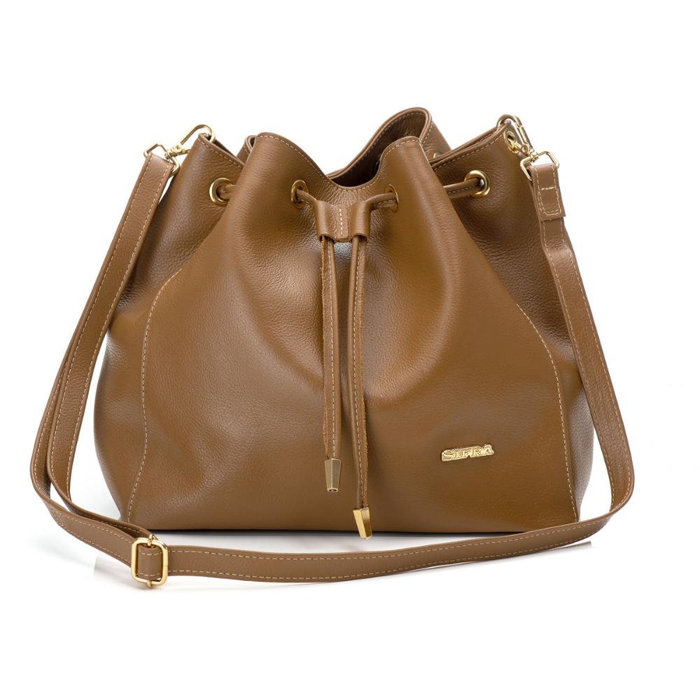 Bolsa Saco Transversal Couro Caramelo Lauren Classic