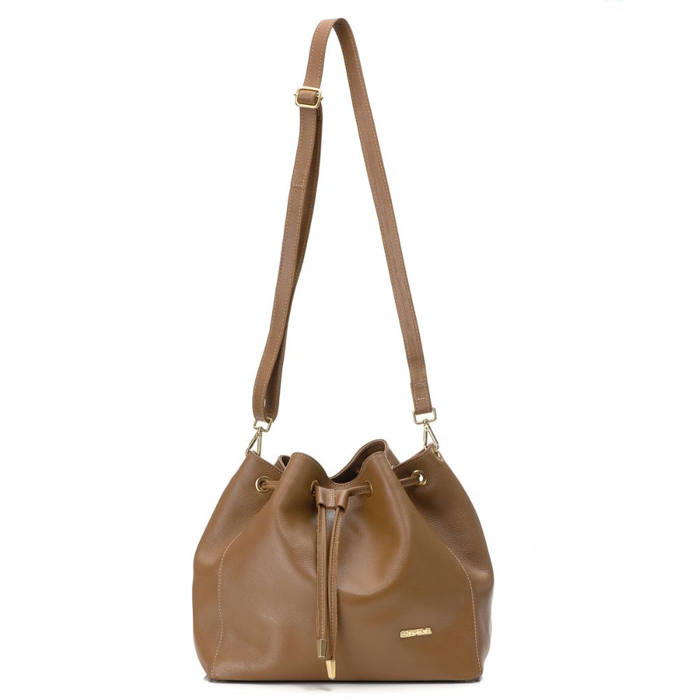 Bolsa Saco Transversal Couro Caramelo Lauren Classic