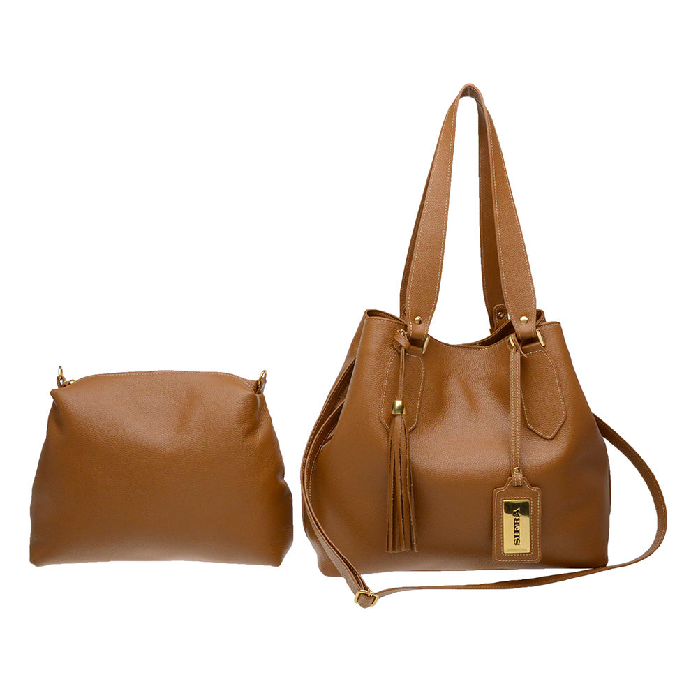Bolsa Saco com Nécessaire Couro Caramelo Ivy