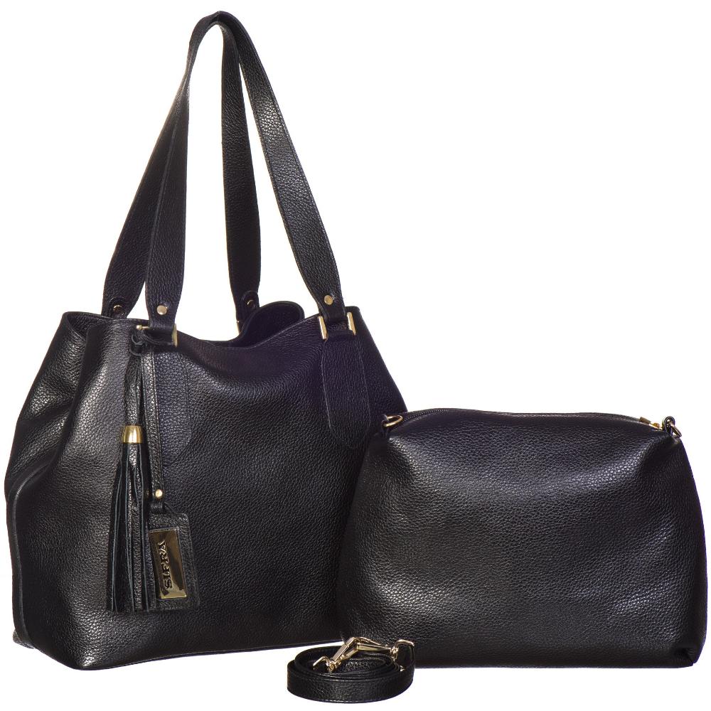 Bolsa Saco com Nécessaire Couro Preta Ivy