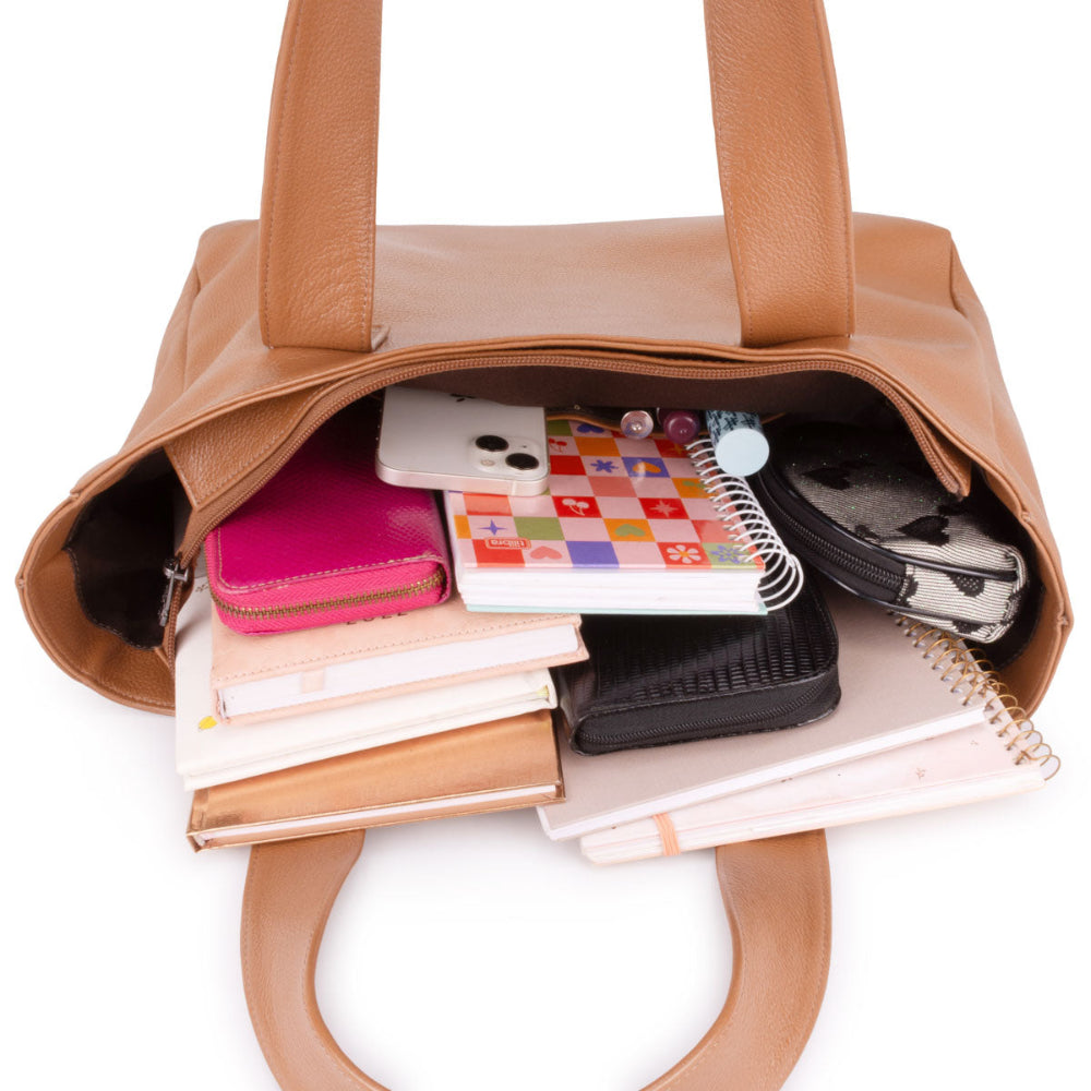 Bolsa Sacola Com Zíper Couro Caramelo Ônix França