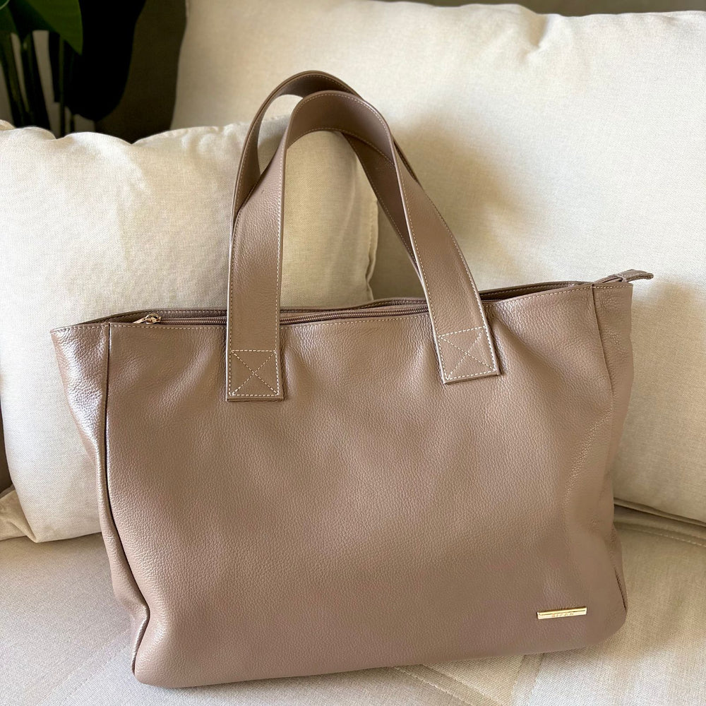 Bolsa Sacola Com Zíper Couro Cinza França