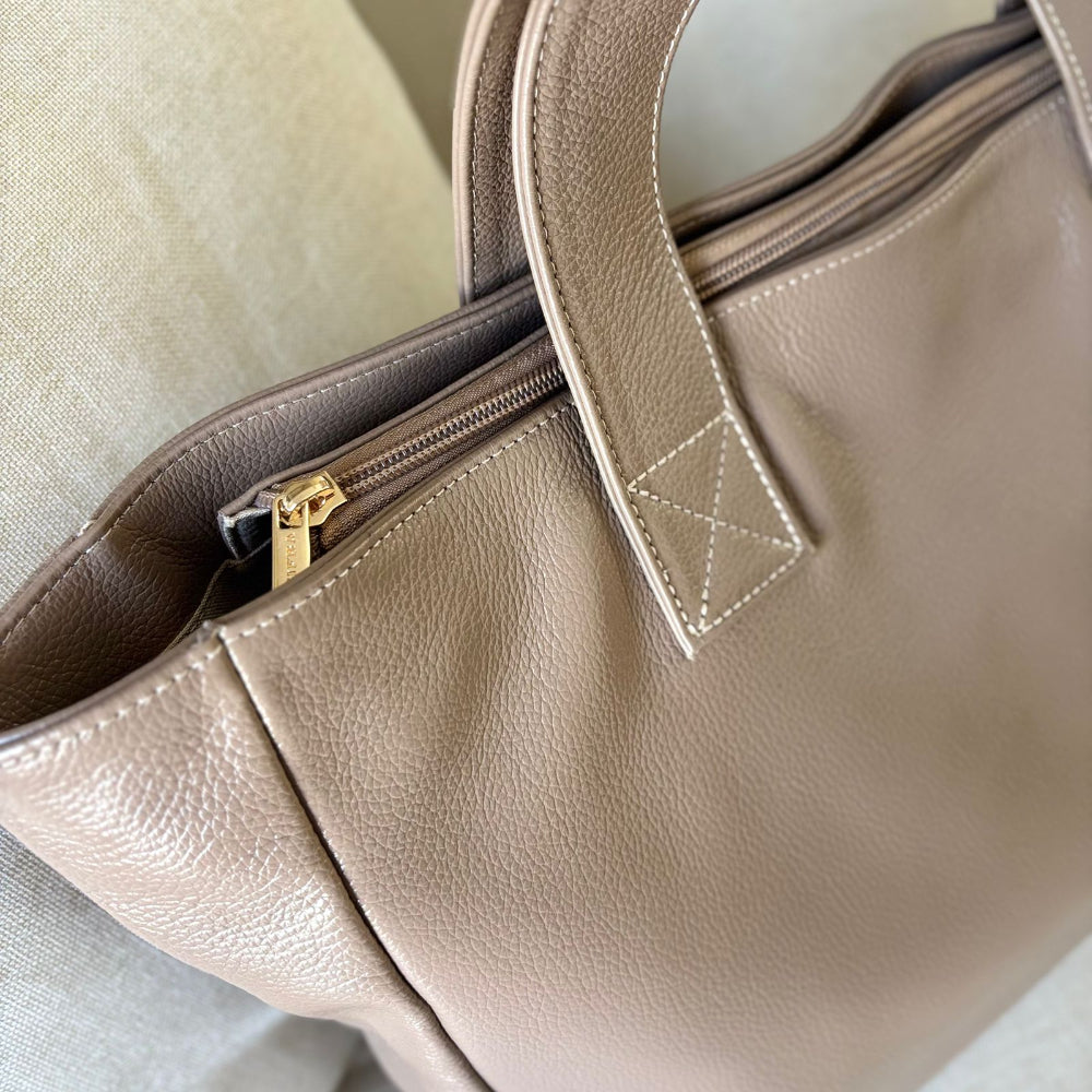 Bolsa Sacola Com Zíper Couro Cinza França