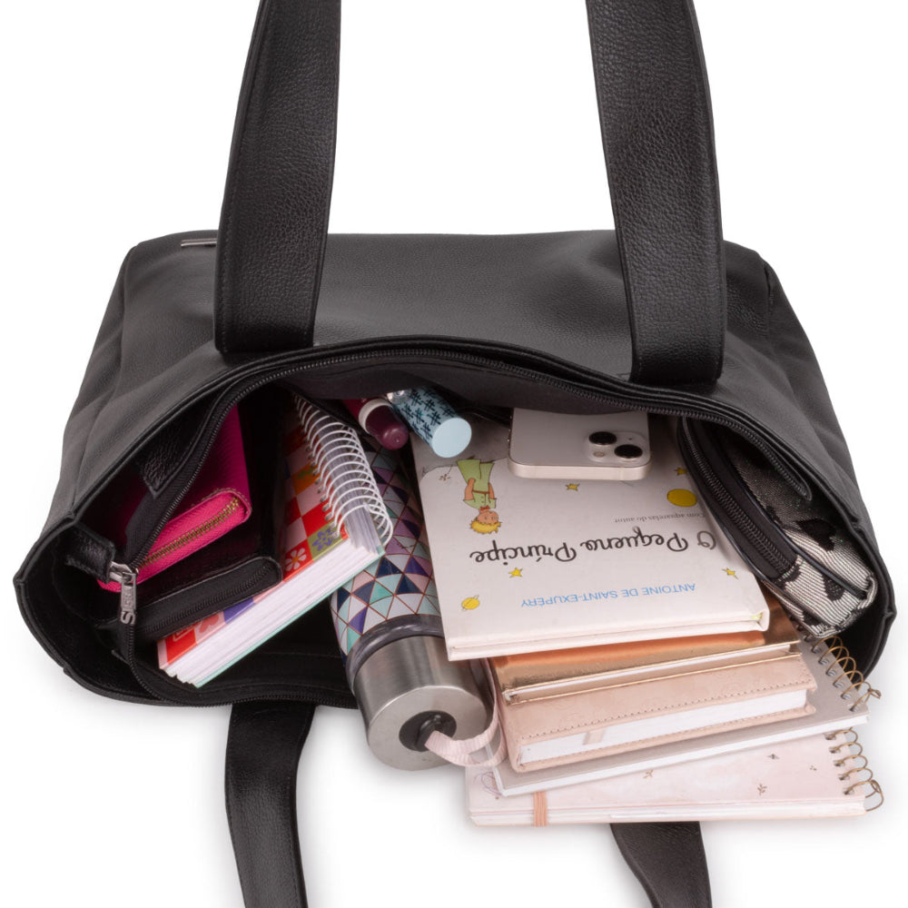 Bolsa Sacola Com Zíper Couro Preto França