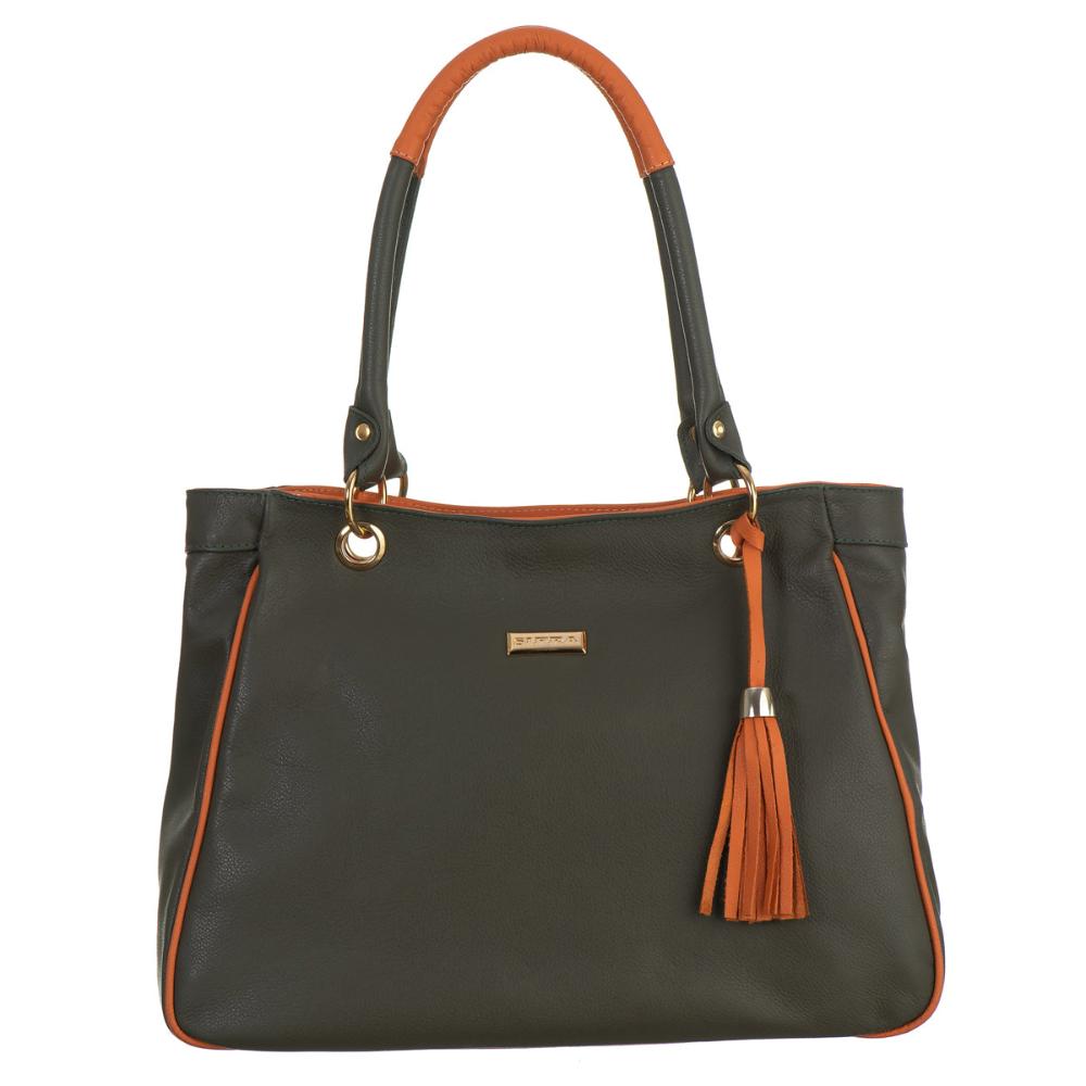 Bolsa Sacola Com Zíper Couro Verde Militar Madison