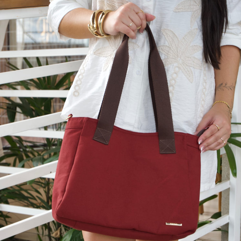 Bolsa Sacola Com Zíper Lona Vermelha Essência