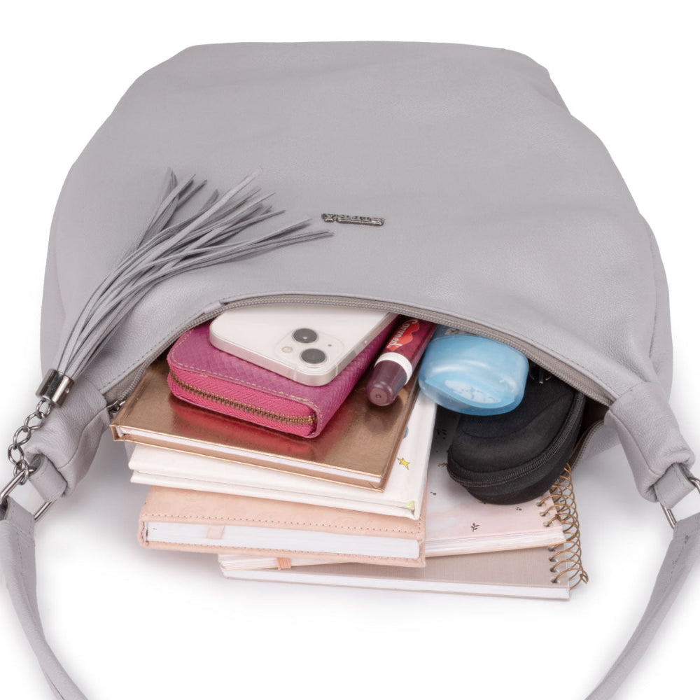 Bolsa Sacola Couro Cinza Claro Kelly