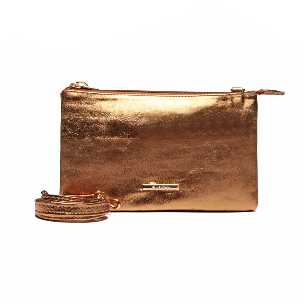 Bolsa Transversal Divisórias Couro Bronze Glace