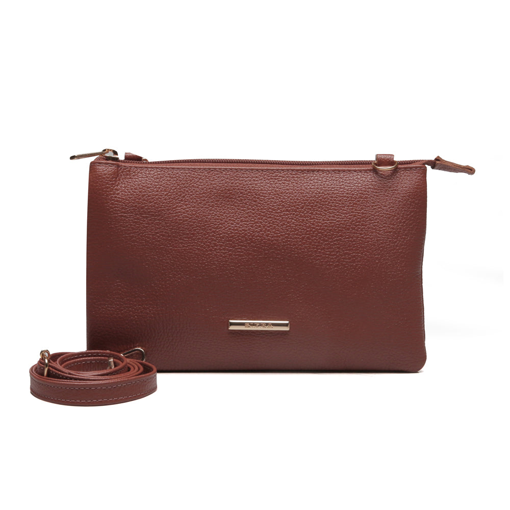 Bolsa Transversal Divisórias Couro Marrom Avermelhado Glace