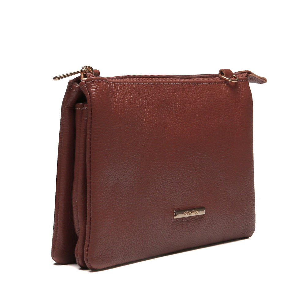 Bolsa Transversal Divisórias Couro Marrom Avermelhado Glace