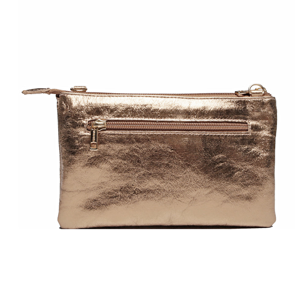 Bolsa Transversal Divisórias Couro Metalizado Rosé Glace