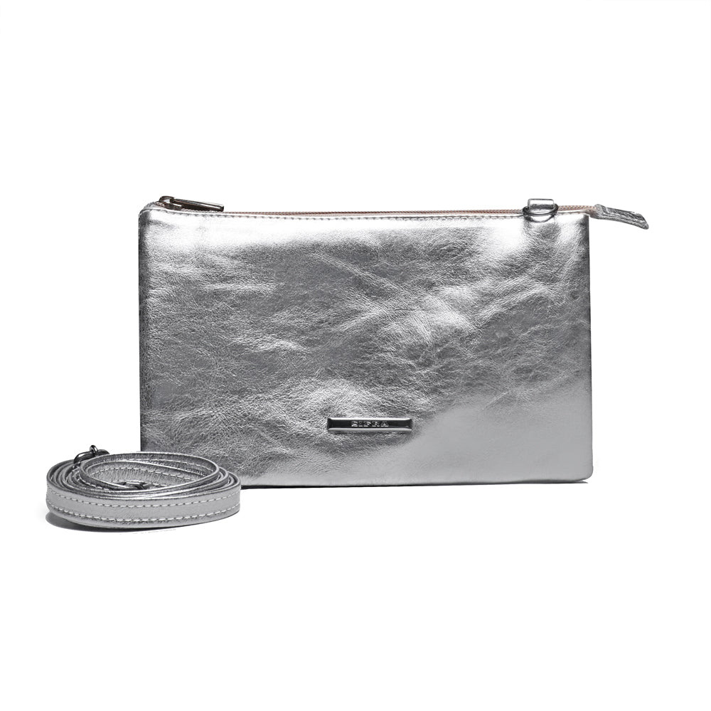 Bolsa Transversal Divisórias Couro Prata Glace