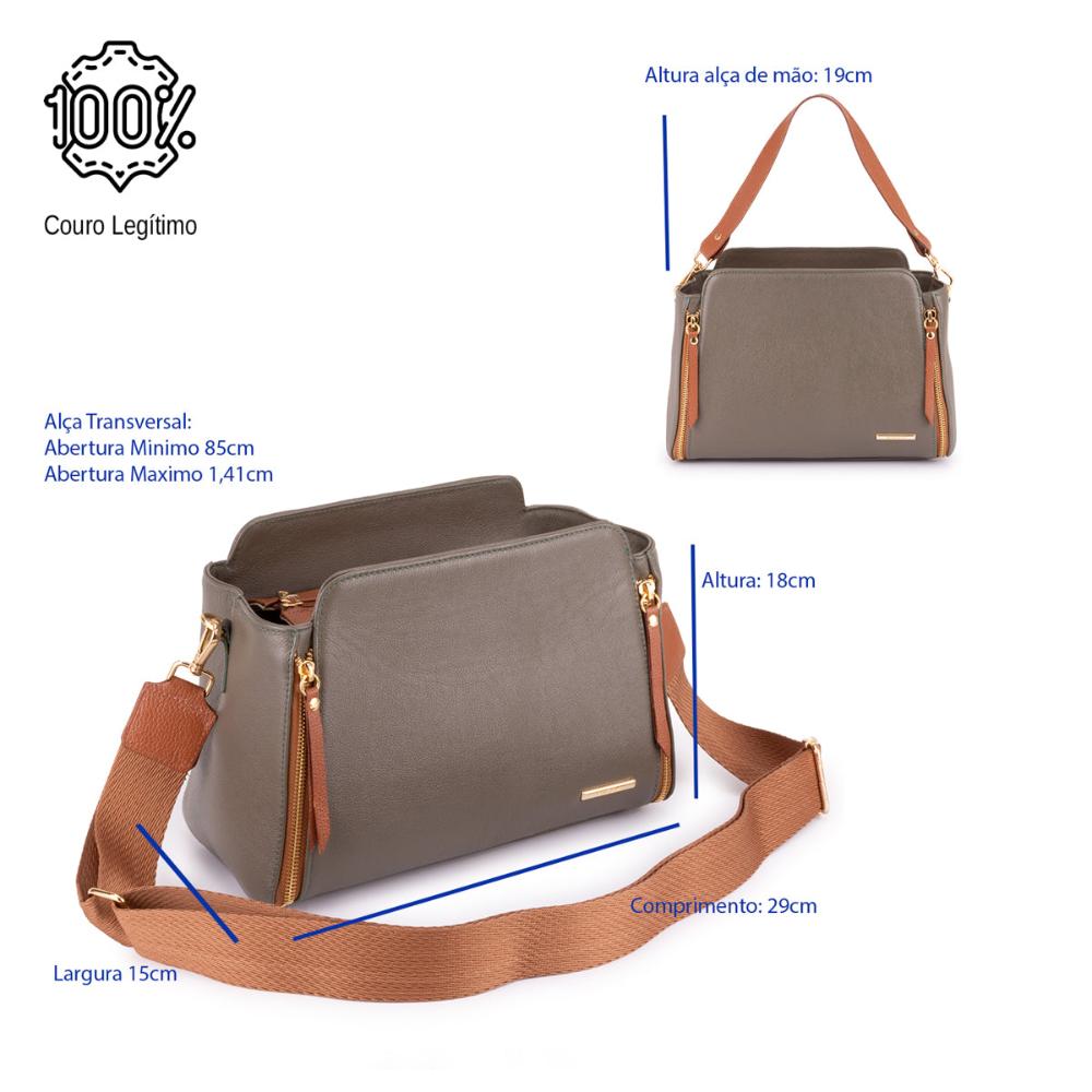 Bolsa Transversal Mão Média Couro Verde Militar Mary