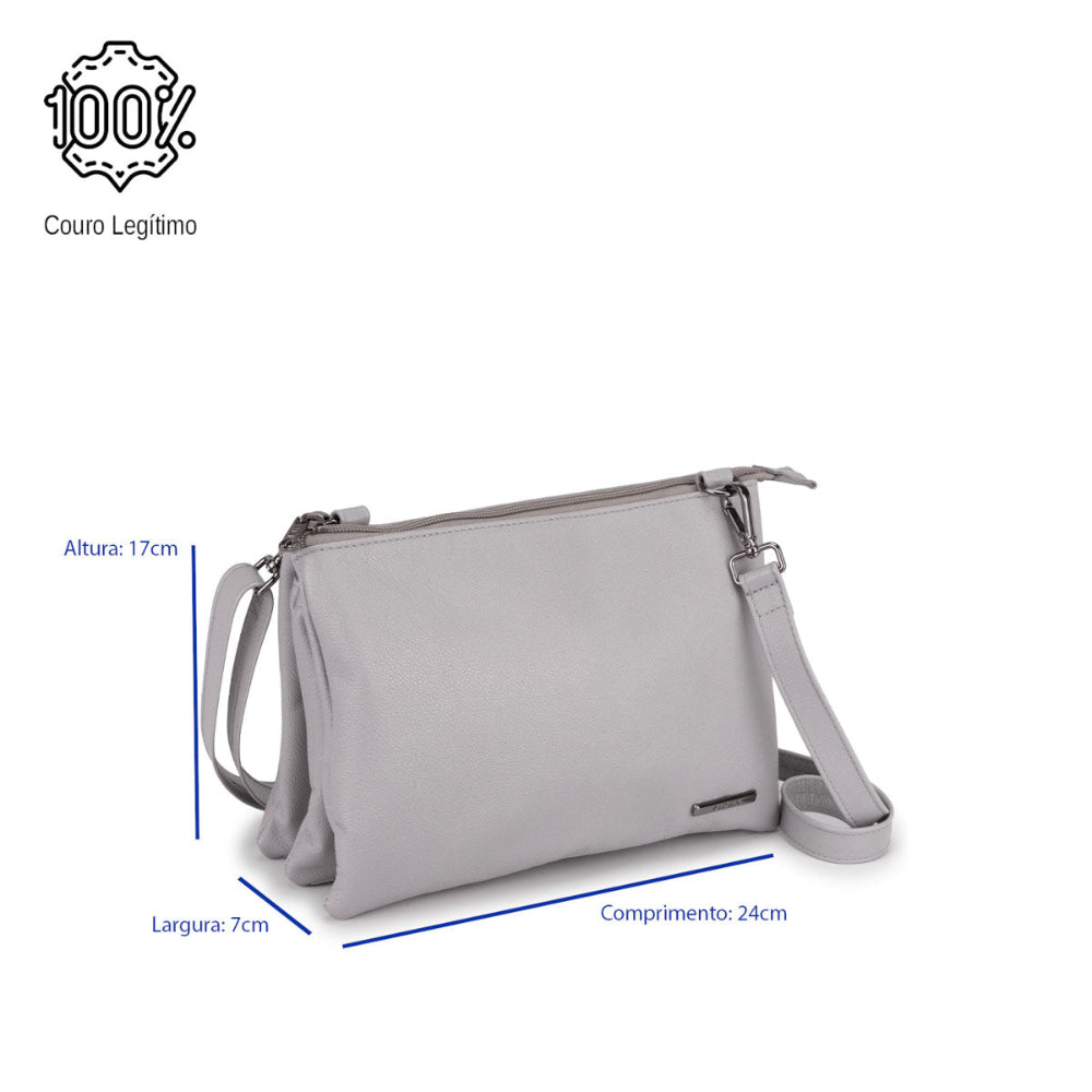 Bolsa Transversal Média Divisórias Couro Cinza Claro Jade