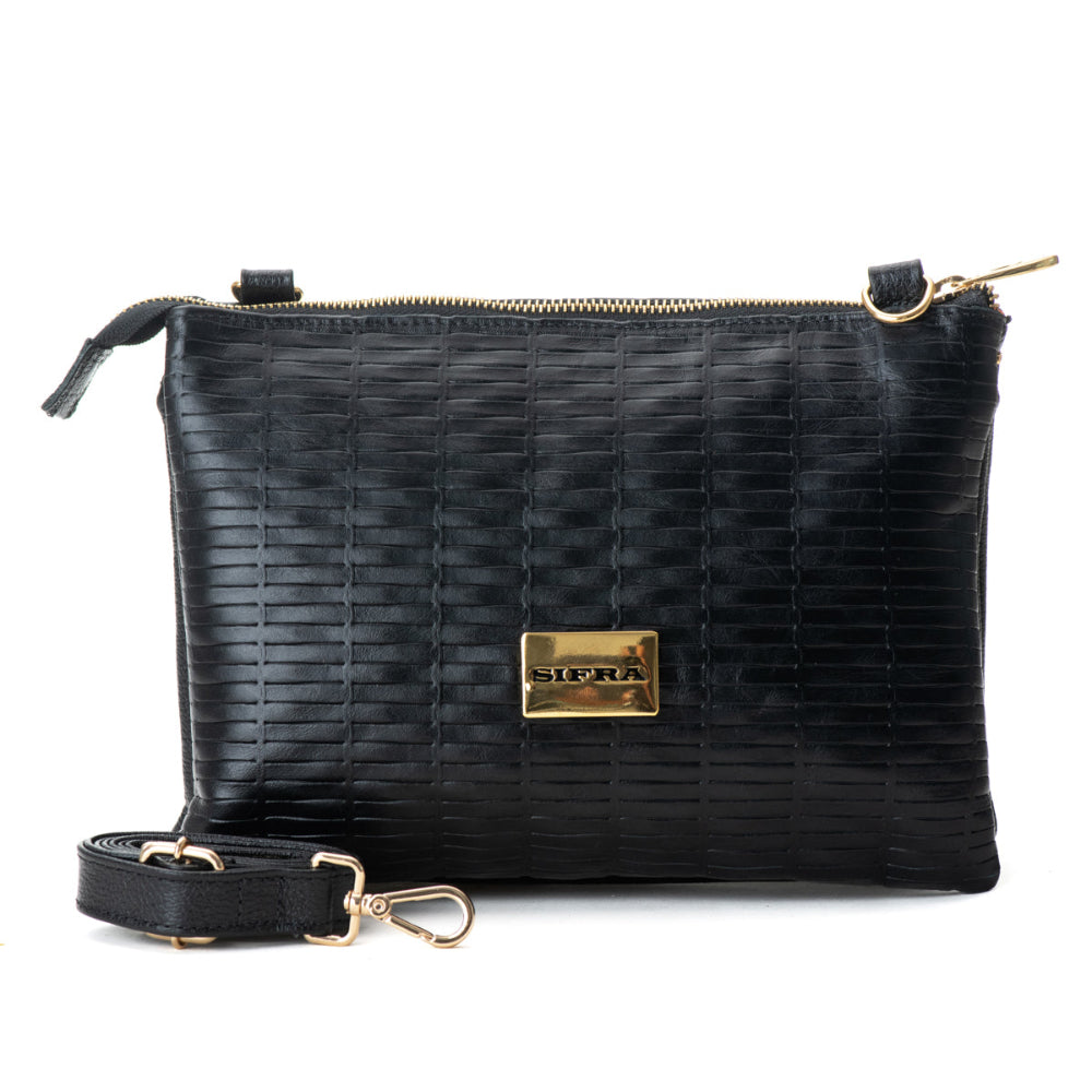 Bolsa Transversal Média Divisórias Couro Preto Jade