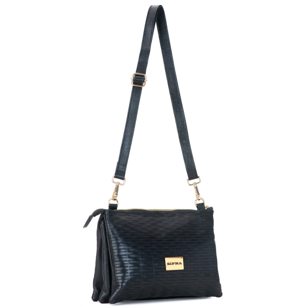 Bolsa Transversal Média Divisórias Couro Preto Jade