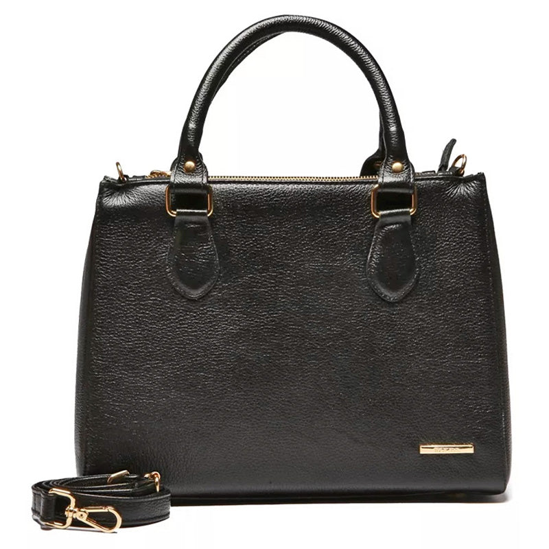 Bolsa Transversal Tote Couro Preta Média Ouro Marisa
