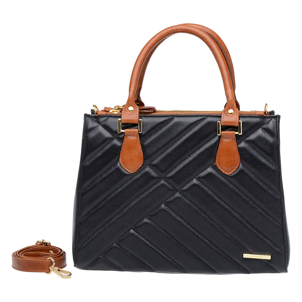 Bolsa Transversal Tote Matelasse Couro Preta Caramelo Média Marisa