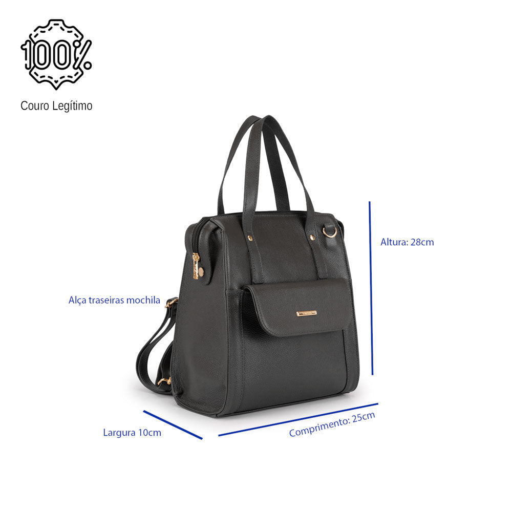 Mochila Feminina Média Couro Preta Amsterdã