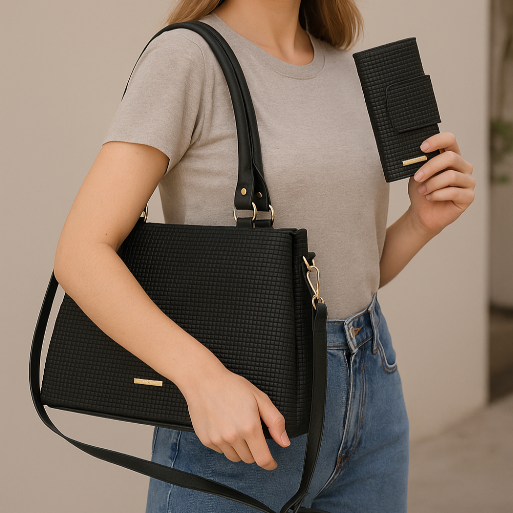 Kit Bolsa de Ombro Preto Amélia + Carteira Feminina Olivia