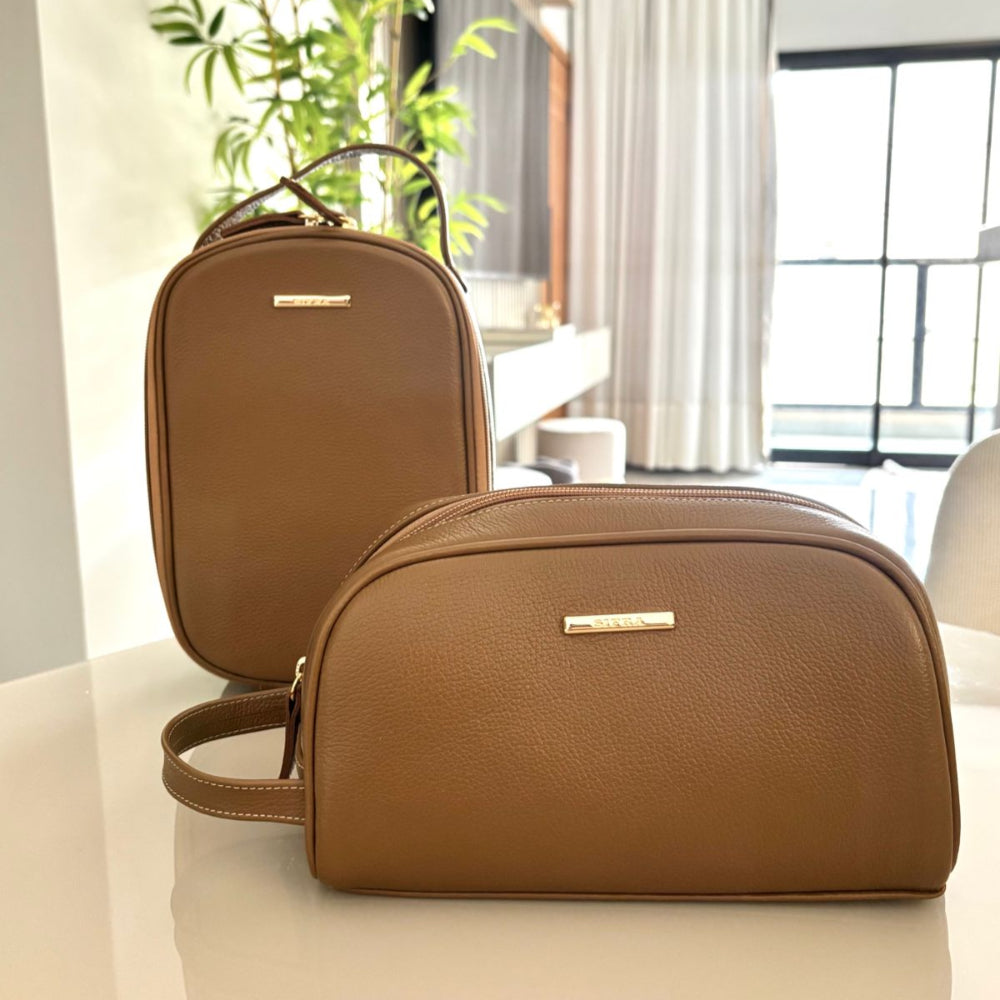 Kit Nécessaires Para Viagem Couro Caramelo