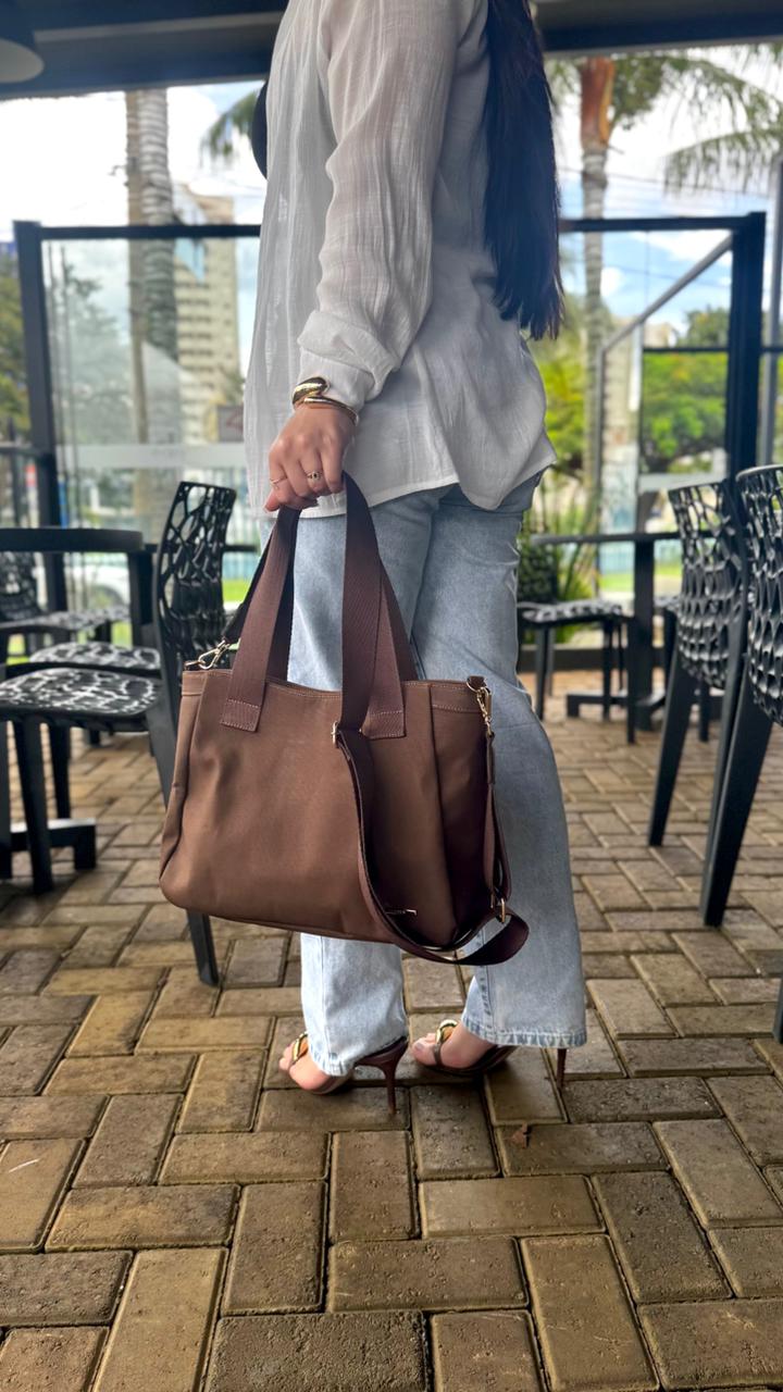 Bolsa Sacola Com Zíper Lona Marrom Essência