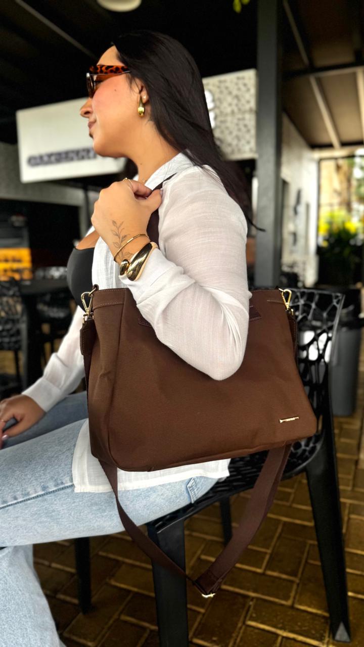 Bolsa Sacola Com Zíper Lona Marrom Essência