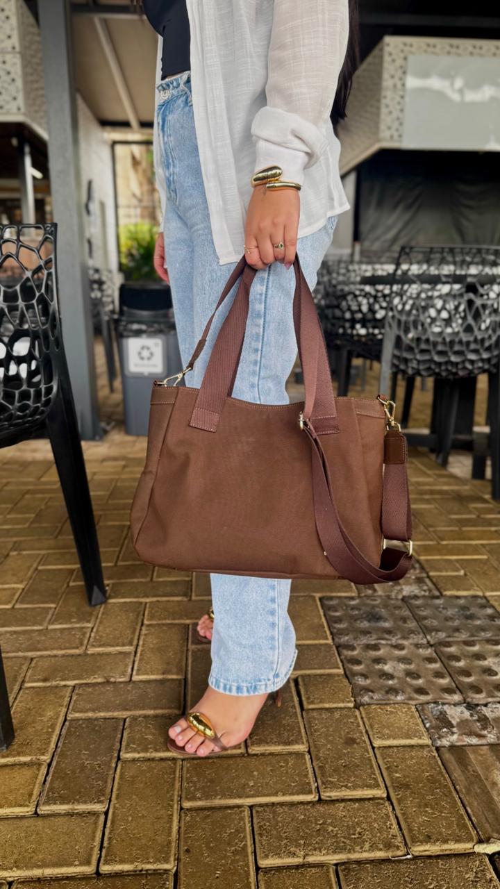 Bolsa Sacola Com Zíper Lona Marrom Essência