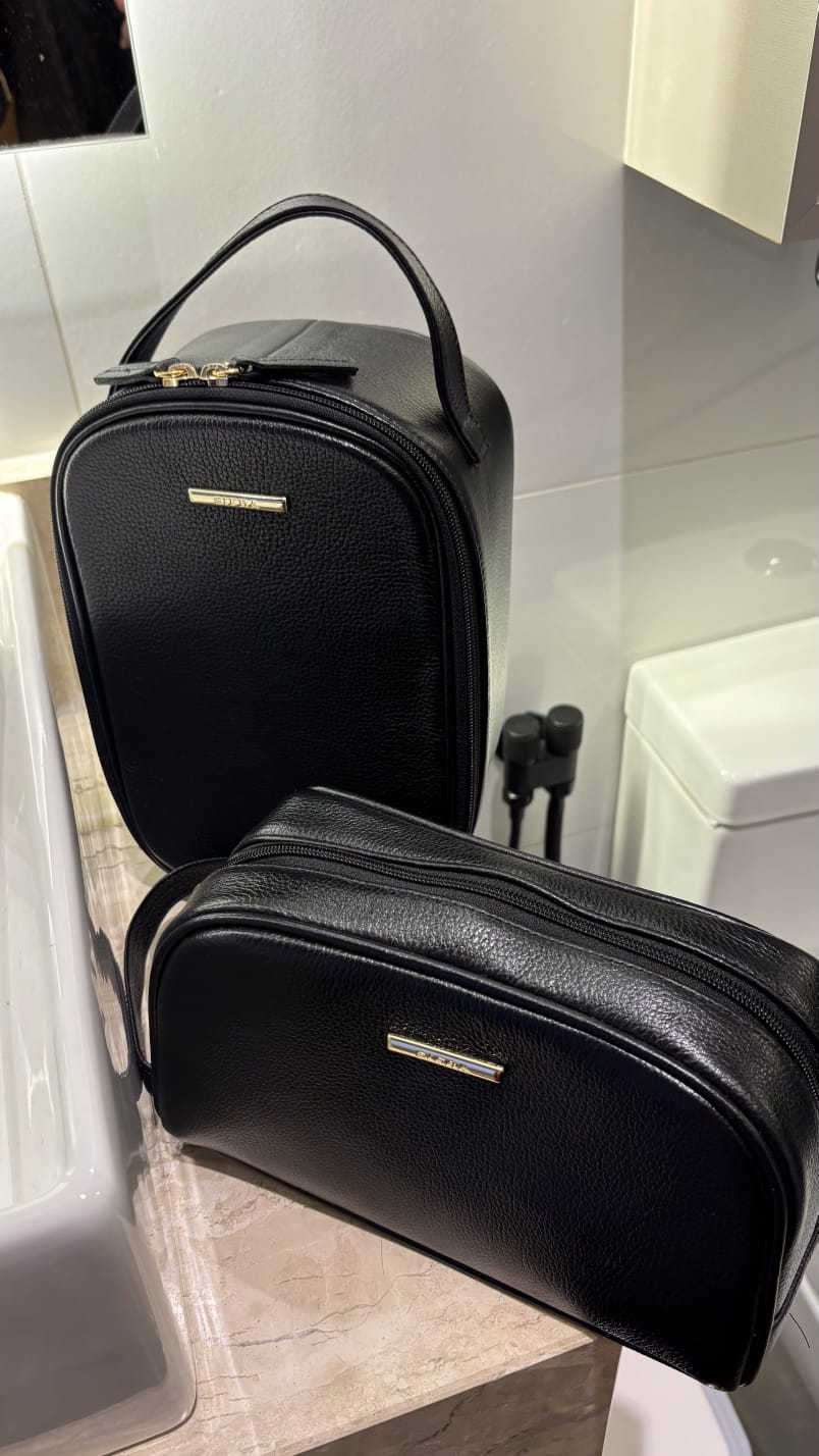 Kit Nécessaires Para Viagem Couro Preto Ouro