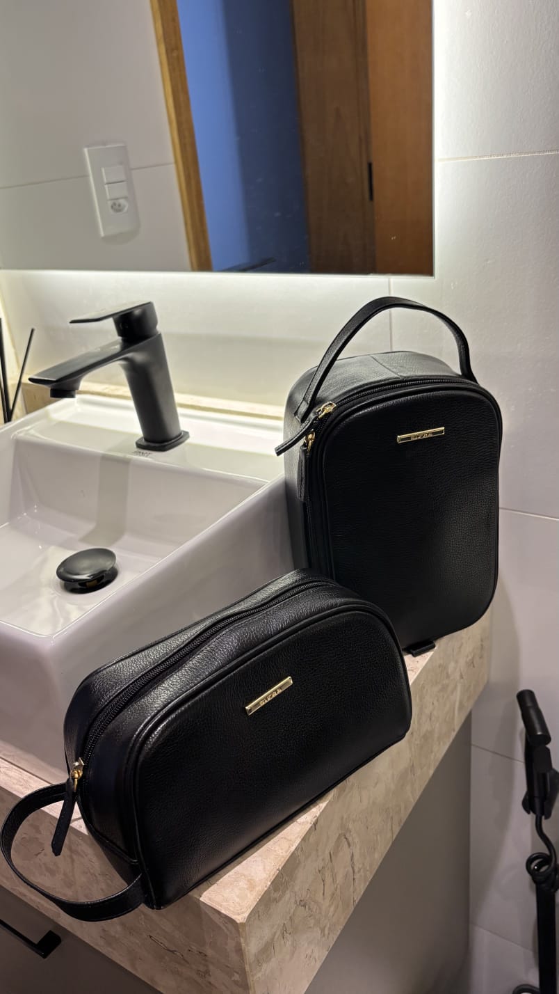 Kit Nécessaires Para Viagem Couro Preto Ouro