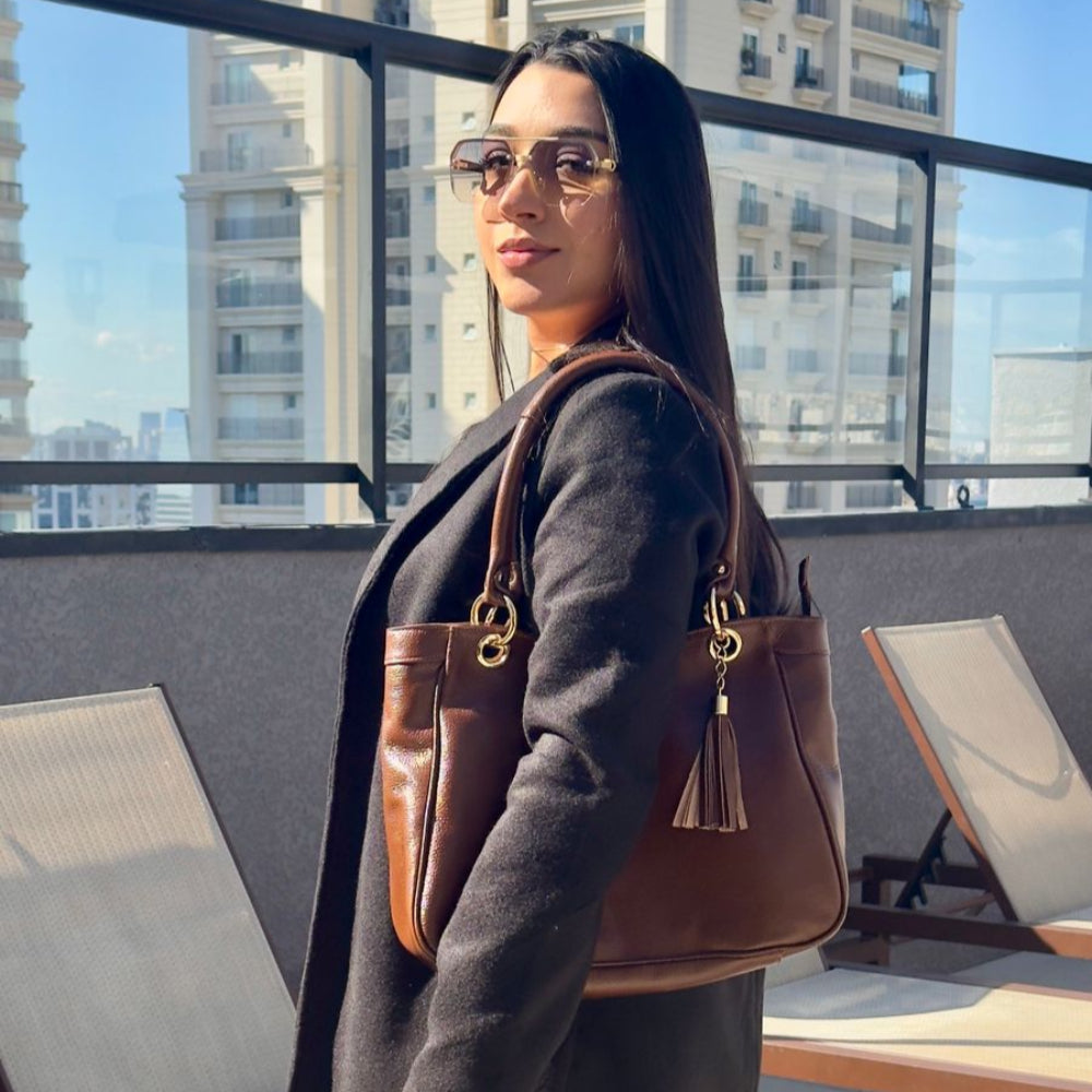 Bolsa Sacola Com Zíper Couro Amêndoa Madison