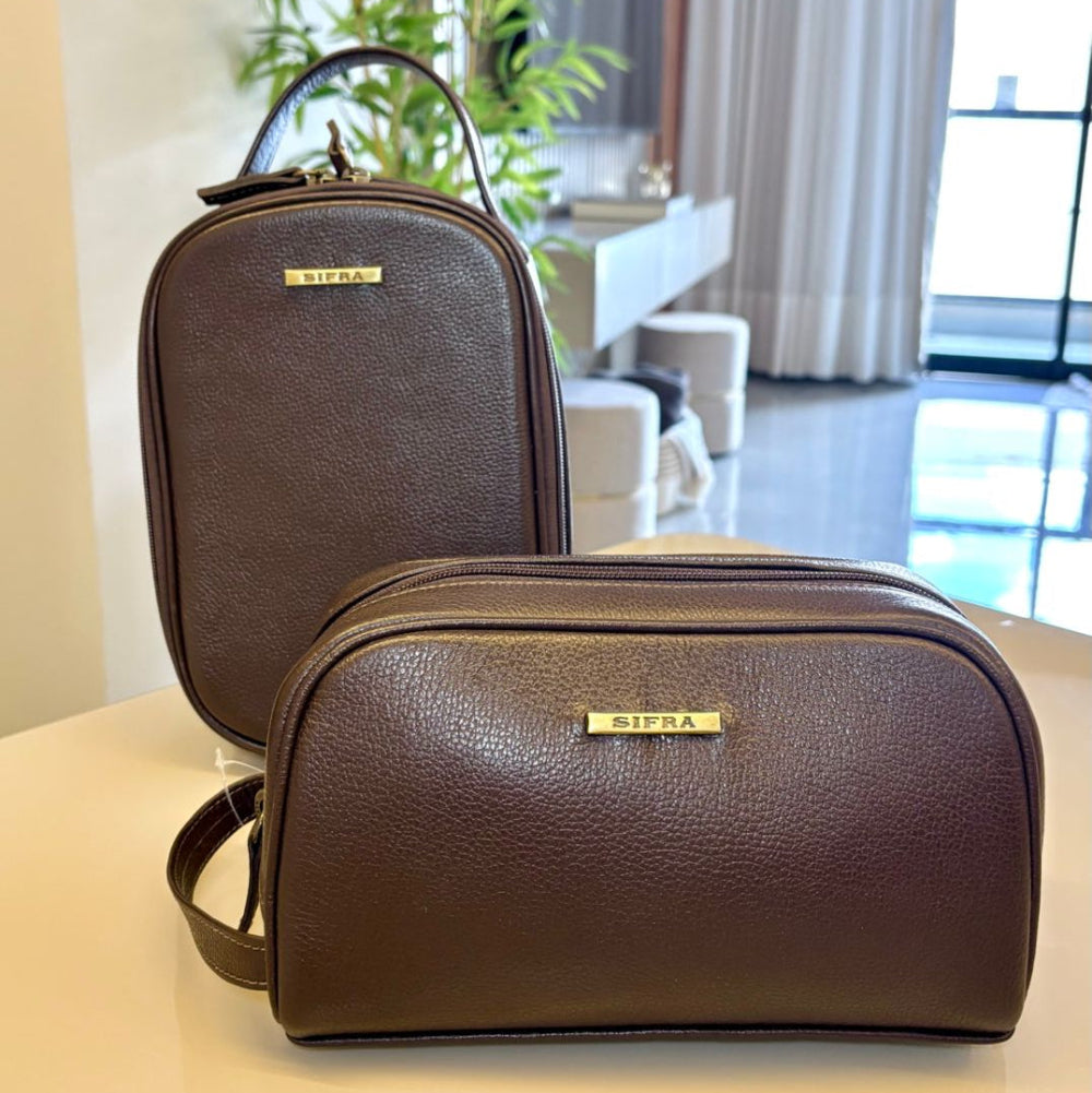 Kit Nécessaires Para Viagem Couro Marrom