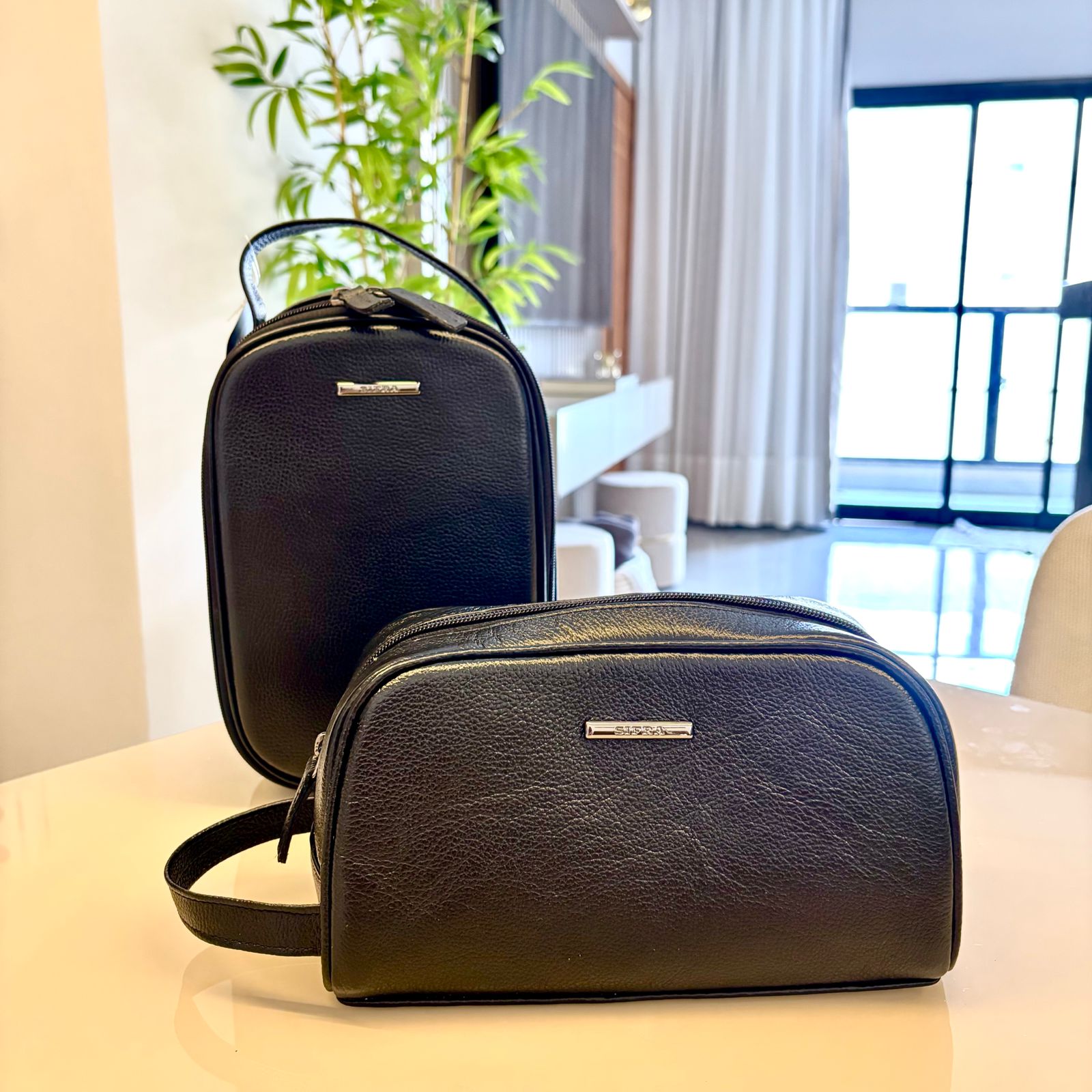 Kit Nécessaires Para Viagem Couro Preto