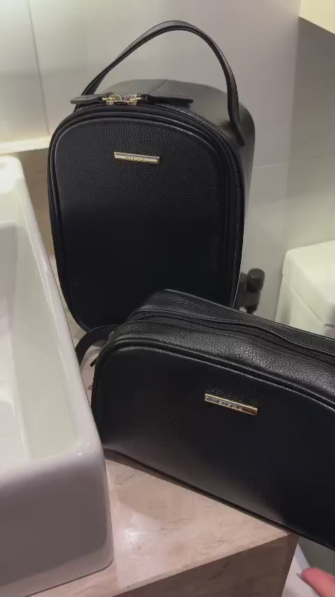 Kit Nécessaires Para Viagem Couro Preto Ouro