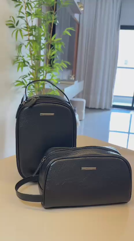 Kit Nécessaires Para Viagem Couro Preto