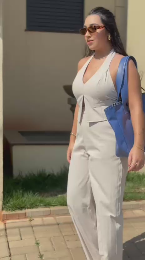 Bolsa Sacola Com Zíper Couro Azul França