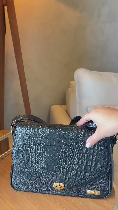 Bolsa Feminina Transversal Couro Preta Lila