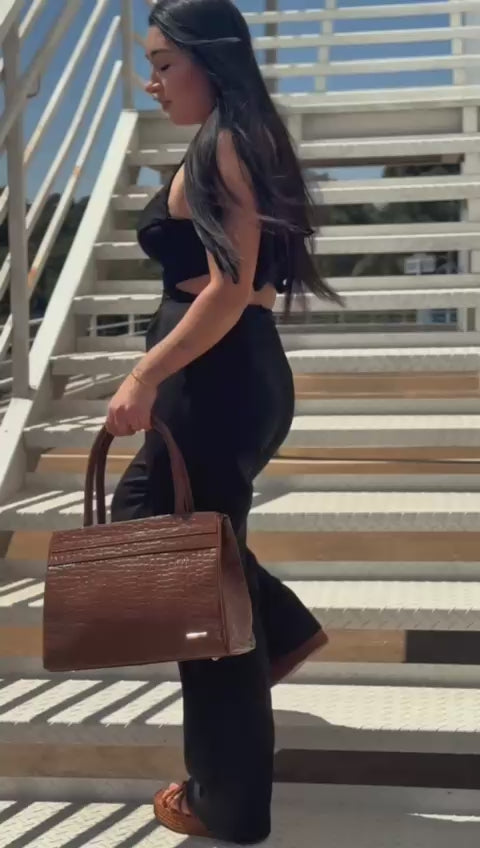 Bolsa de Ombro Estruturada Couro Croco Marrom Celina