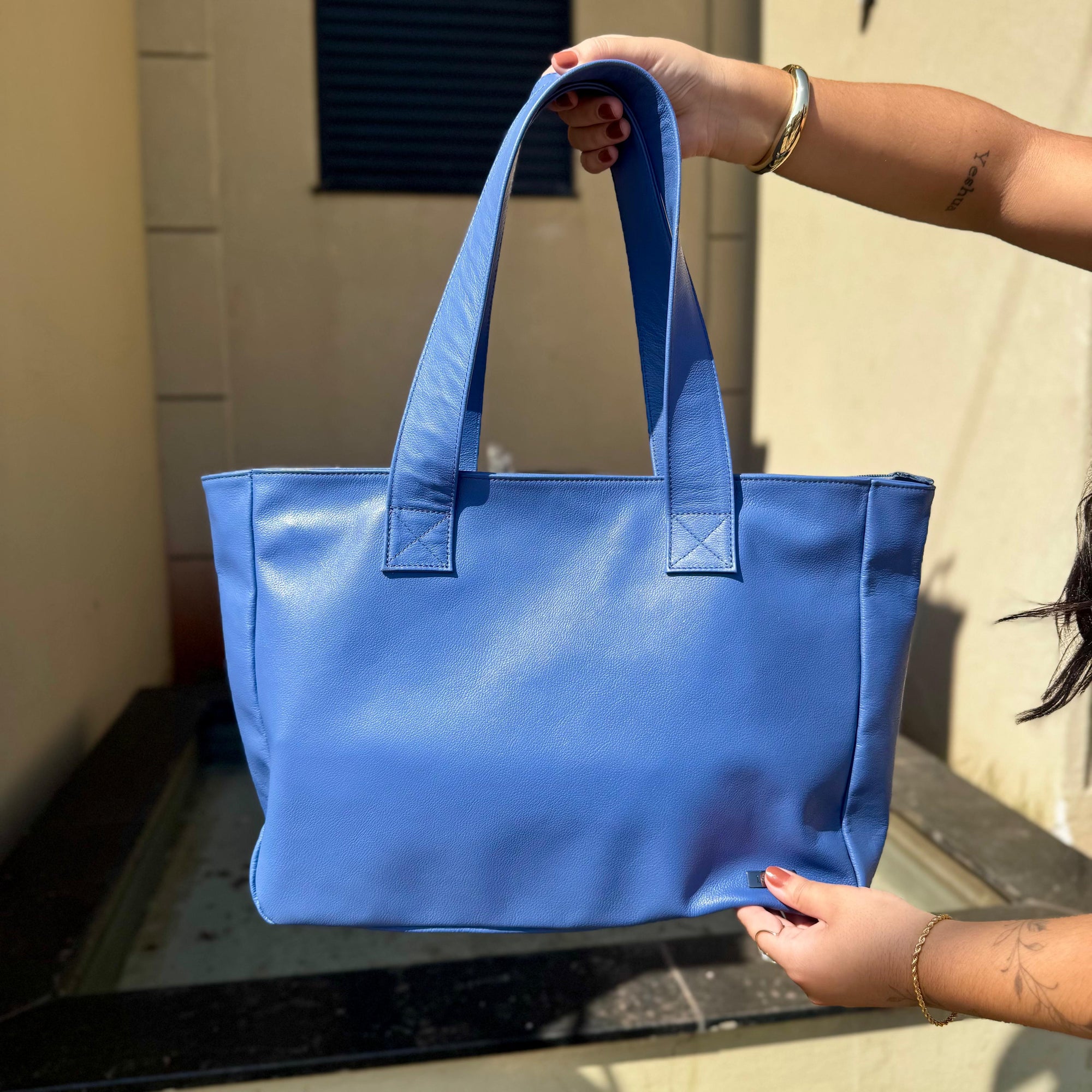 Bolsa Sacola Com Zíper Couro Azul França
